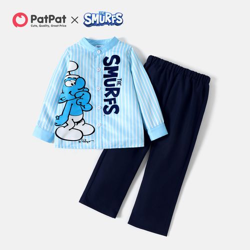Smurfs 2pcs Toddler Boy Letter Print Stripe Long-sleeve Shirt and Straight Pants Set