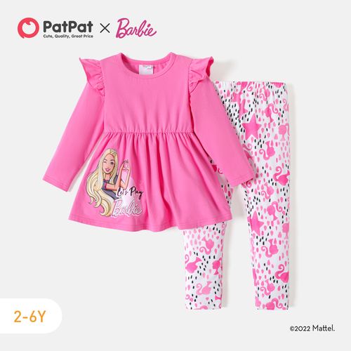 Barbie 2pcs Toddler Girl Character Print Ruffled Long-sleeve Tee and Allover Print Pants Set