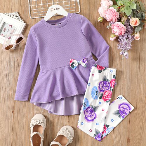 2pcs Kid Girl 3D Bowknot Design High Low Tee and Floral Print Leggings Set