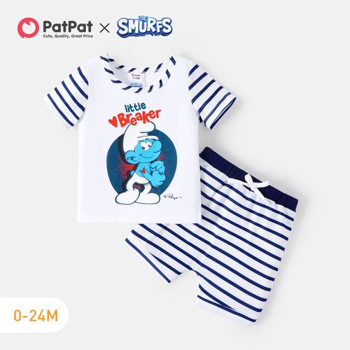 The Smurfs 2pcs Baby Boy/Girl 95% Cotton Short-sleeve Graphic Tee and Striped Shorts Set