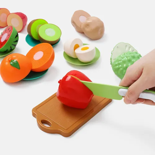 16Pcs BPA Free Plastic Cutting Play Food Toy Kids Cuttable Fruits Vegetables Set with Knives & Cutting Board & Plates (Knife Color Random)