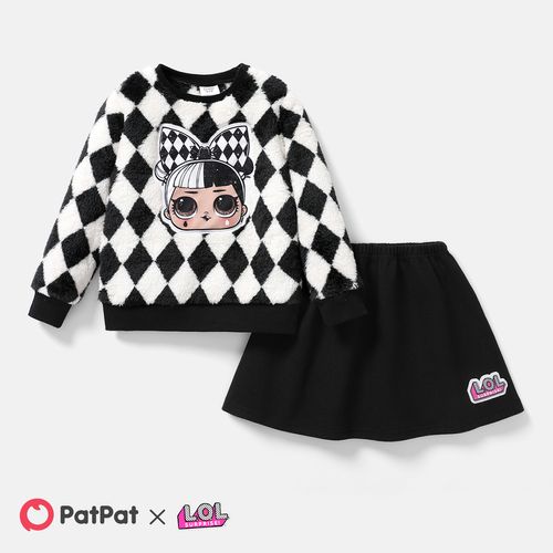 L.O.L. SURPRISE! 2pcs Kid Girl Plaid Fleece Sweatshirt and Elasticized Skirt Set
