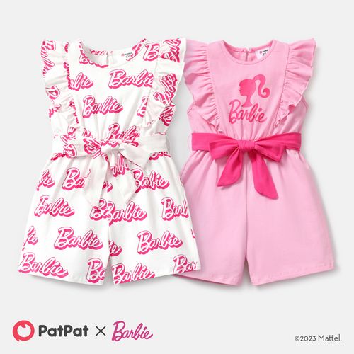 Barbie Toddler Girl Cotton Letter Print Ruffled Belted Rompers