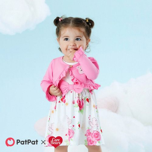 Care Bears 2pcs Baby/Toddler Girl Cotton Long-sleeve Ruffle Trim Cardigan and Floral Print Tank Dress Set