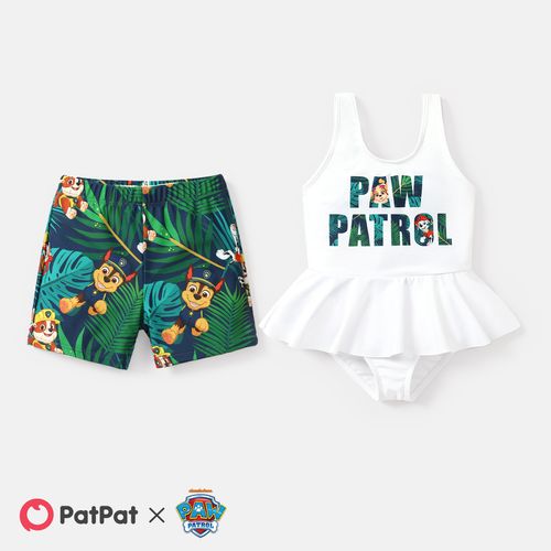 PAW Patrol Sibling Matching Letter Graphic Ruffle Trim One-Piece Swimsuit and Allover Plant Print Swim Trunks
