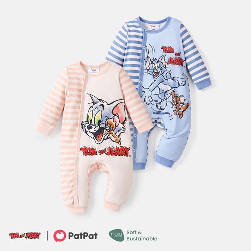 Tom and Jerry Baby Boy/Girl Long-sleeve Striped Graphic Spliced Naia™ Jumpsuit
