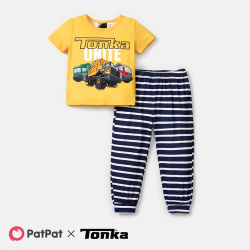 Tonka Toddler/Kid Girl/Boy 2pcs Vehicle Print Short-sleeve Tee and Stripe Pants Pajamas Set