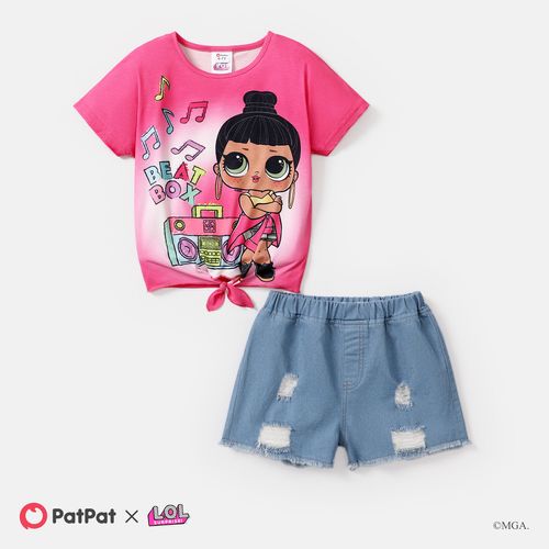 L.O.L. SURPRISE! Toddler/Kid Girl 2pcs Character Print Naia™ Short-sleeve Tee and Ripped Denim Shorts Set