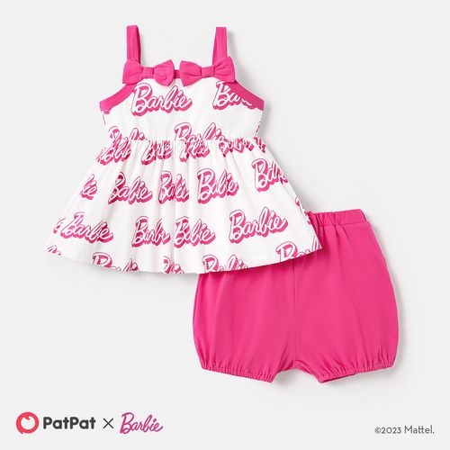 Barbie Baby/Toddler Girl 2pcs Cotton Allover Letter Print Sleeveless Bow Front Dress & Shorts Set