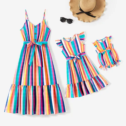 Mommy and Me Colorful Striped Sleeveless Belted Dresses