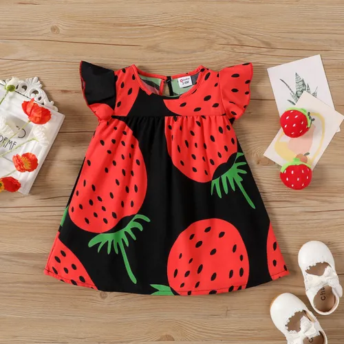 Baby Girl Girl Strawberry Print Flutter-sleeve Dress