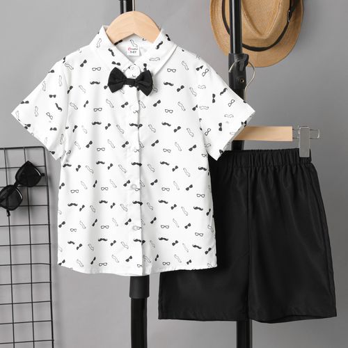 2pcs Kid Boy Allover Print Short-sleeve Bow Tie Shirt and Black Shorts Set