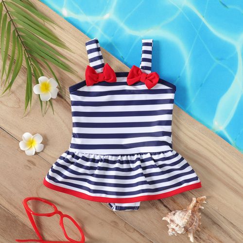 Baby Girl Contrast Bow Front Striped One-piece Swimsuit
