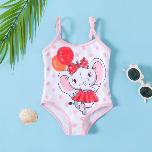Baby Girl Elephant Graphic Polka Dots Print One-piece Strappy Swimsuit