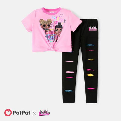 L.O.L. SURPRISE! Kid Girl 2pcs Character Print Short-sleeve Top and Ripped Pants Set