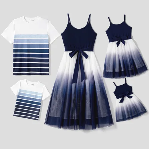 Family Matching Belted Ombre Slip Dresses and Striped Short-sleeve T-shirts Sets