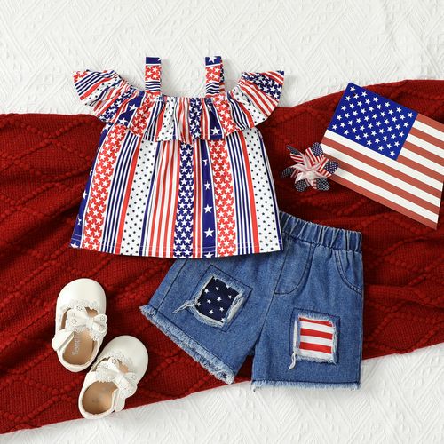 Independence Day 2pcs Baby Girl Ruffled Camisole and 100% Cotton Ripped Denim Shorts Set