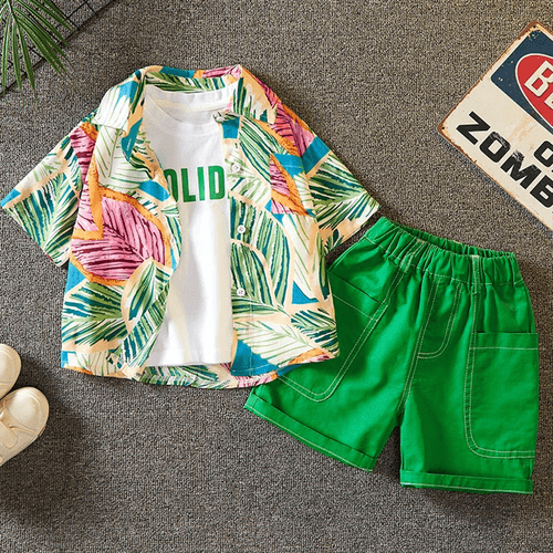 3pcs Toddler Boy Tropical Print Shirt & Letter Print Tank Top & Solid Shorts Set