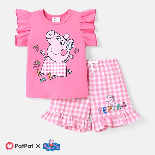 Peppa Pig Toddler Girl 2pcs Character Print Ruffle-sleeve Cotton Top and Plaid Shorts Set