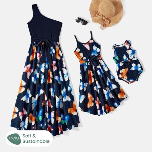 Mommy and Me Allover Colorful Butterfly Print One Shoulder Sleeveless Belted Dresses