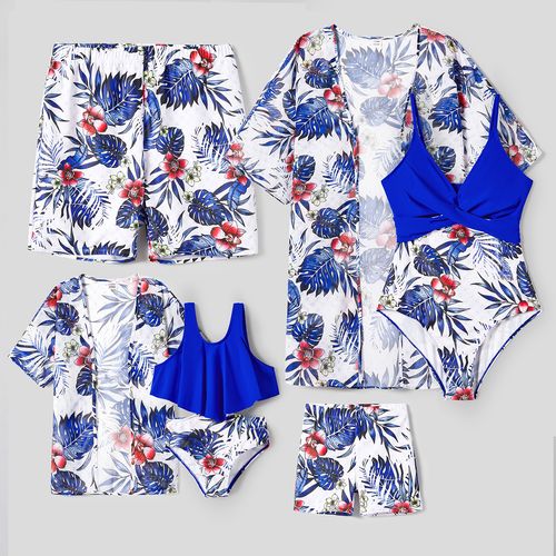 Family Matching Plant Floral Print Crisscross Front One-piece Swimsuit or Swim Trunks Shorts / Open Front Kimono