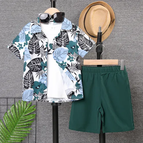 3pcs Kid Boy Tropical Plant Print Short-sleeve Shirt & Top & Solid Shorts Set