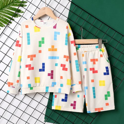 2pcs Kid Boy Tetris Print Long-sleeve Top and Shorts Set 