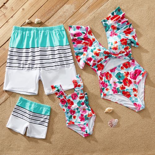 Family Matching Ruffled Twist Front One-piece Swimsuit or Stripe Panel Swim Trunks Shorts