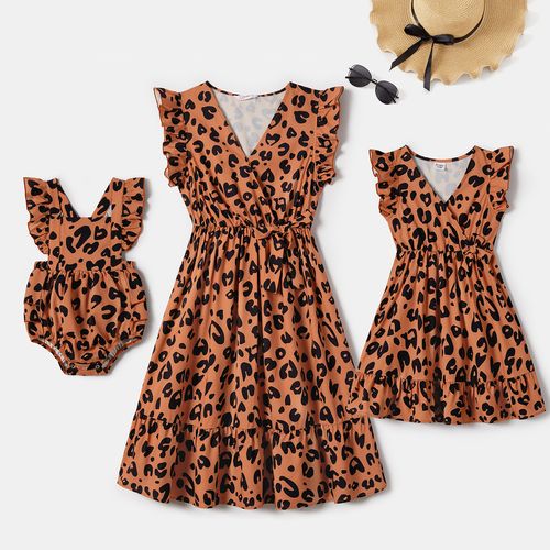 Mommy and Me Allover Leopard Print Bow Side Decor Flutter-sleeve Wrap Dresses
