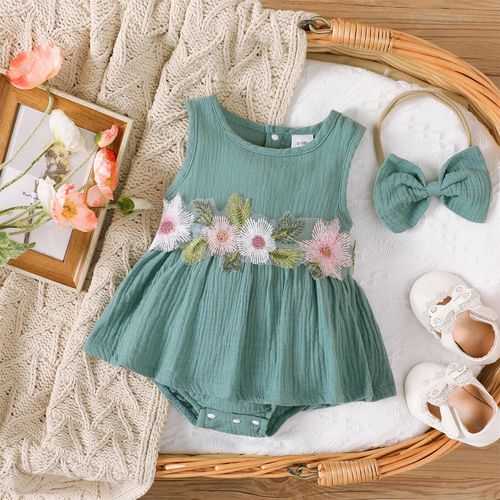 2pcs Baby Girl 95% Cotton Floral Decor Tank Romper with Hair Ties Set