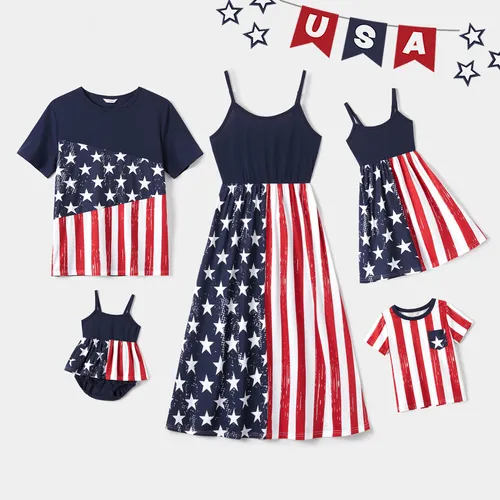 Independence Day Family Matching Print Spliced Dresses and T-shirts Sets