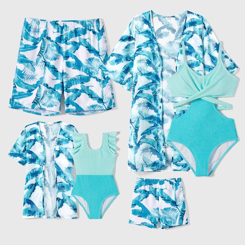Family Matching Crisscross Front One-piece Swimsuit or Plant Print Swim Trunks Shorts / Open Front Kimono