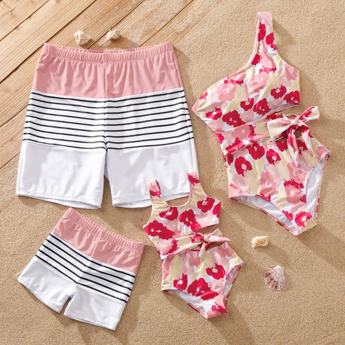 Family Matching Allover Floral Print Knot Side One-Shoulder One-piece Swimsuit or Striped Colorblock Swim Trunks Shorts