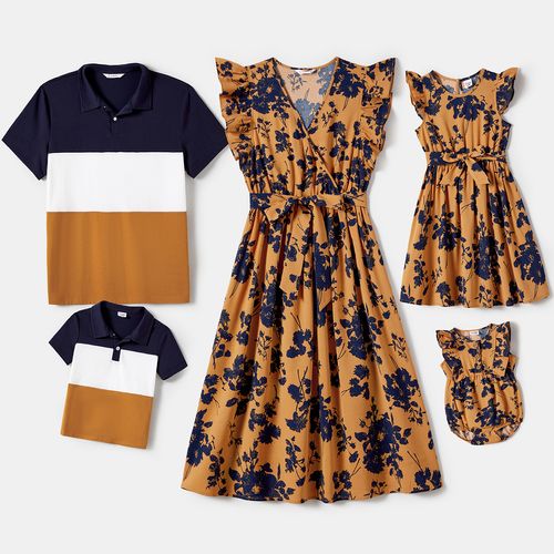 Family Matching Allover Floral Print Belted Dresses and Color Block Polo Neck T-shirts Sets