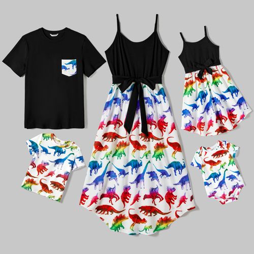 Family Matching Dinosaur Print Belted Cami Dresses and Short-sleeve T-shirts Sets