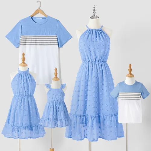Family Matching Blue Swiss Dot Textured Halter Neck Sleeveless Dresses and Short-sleeve Striped Colorblock T-shirts Sets