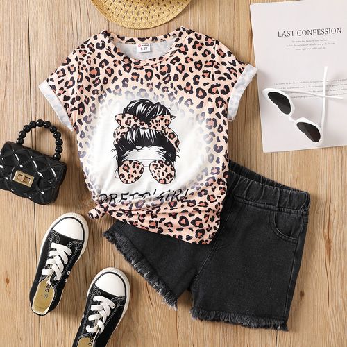 Kid Girl Leopard Batik-Print Kurzarm-T-Shirt / Raw Saum Jeansshorts