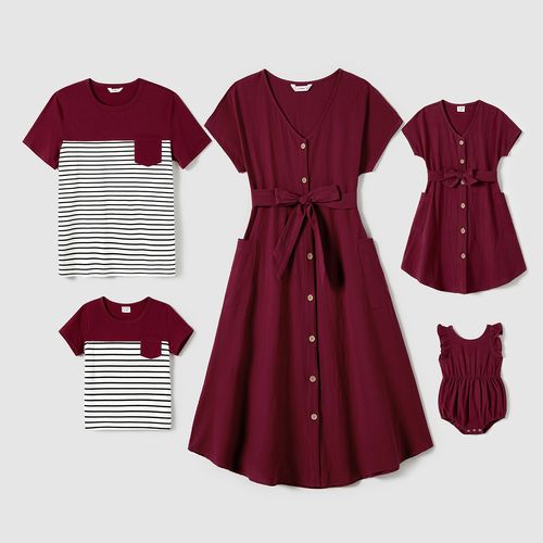 Family Matching Patch Pocket Short-sleeve Button Up Belted Dresses and Striped Short-sleeve T-shirts Sets