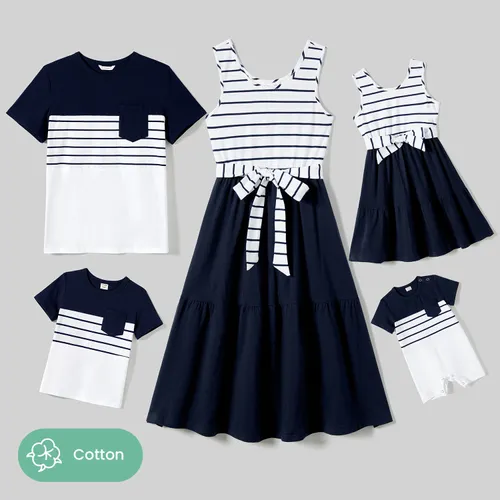 Family Matching Striped Panel Belted Tank Dresses and Cotton Colorblock Short-sleeve T-shirts Sets