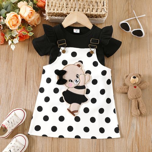 2pcs Toddler Girl Ruffled Short-sleeve Rib-knit Top and Bear Graphic Overall Dress Set