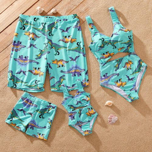 Family Matching Allover Dinosaur Print Criss Cross Front One-piece Swimsuit or Swim Trunks Shorts