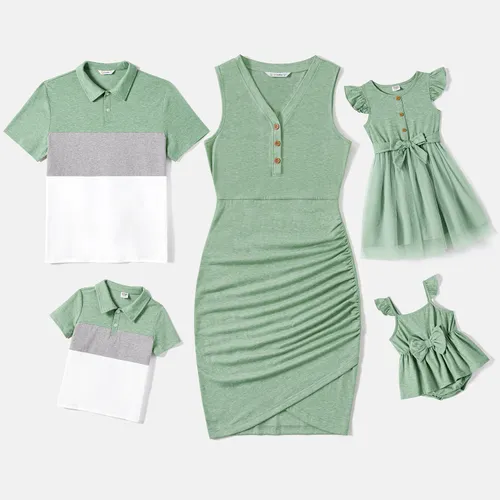 Family Matching Button Half Placket Ruched Tank Dresses and Colorblock Polo Neck T-shirts Sets