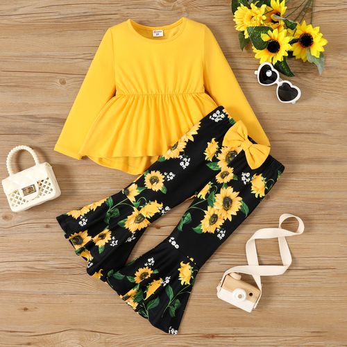 2pcs Toddler Girl Yellow Peplum Top and Bow Decor Sunflower Print Flared Pants Set 