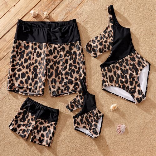Family Matching Leopard Panel Cut Out Waist One-Shoulder One Piece Swimsuit or Swim Trunks Shorts