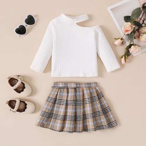 2pcs Baby Girl Rib-knit Cold Shoulder Halterneck Top and Plaid Skirt Set