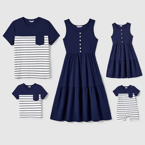 Family Matching Button Decor Tank Dresses and Striped T-shirts Sets
