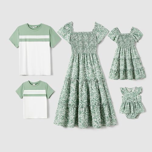 Family Matching Allover Floral Print Smocked Dresses and Colorblock Striped Cotton T-shirts Sets