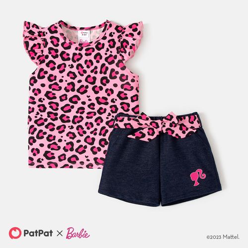 Barbie Toddler Girl 2pcs Leopard Flutter-sleeve Top and Belted Shorts Set