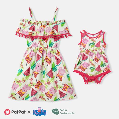 Peppa Pig Mommy and Me Watermelon & Character Print Pom Pom Decor Ruffled Off-Shoulder Slip Dresses