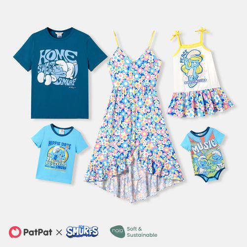 The Smurfs Family Matching Allover Floral Print Dip Hem Cami Dresses and Character Print Short-sleeve T-shirts Sets
